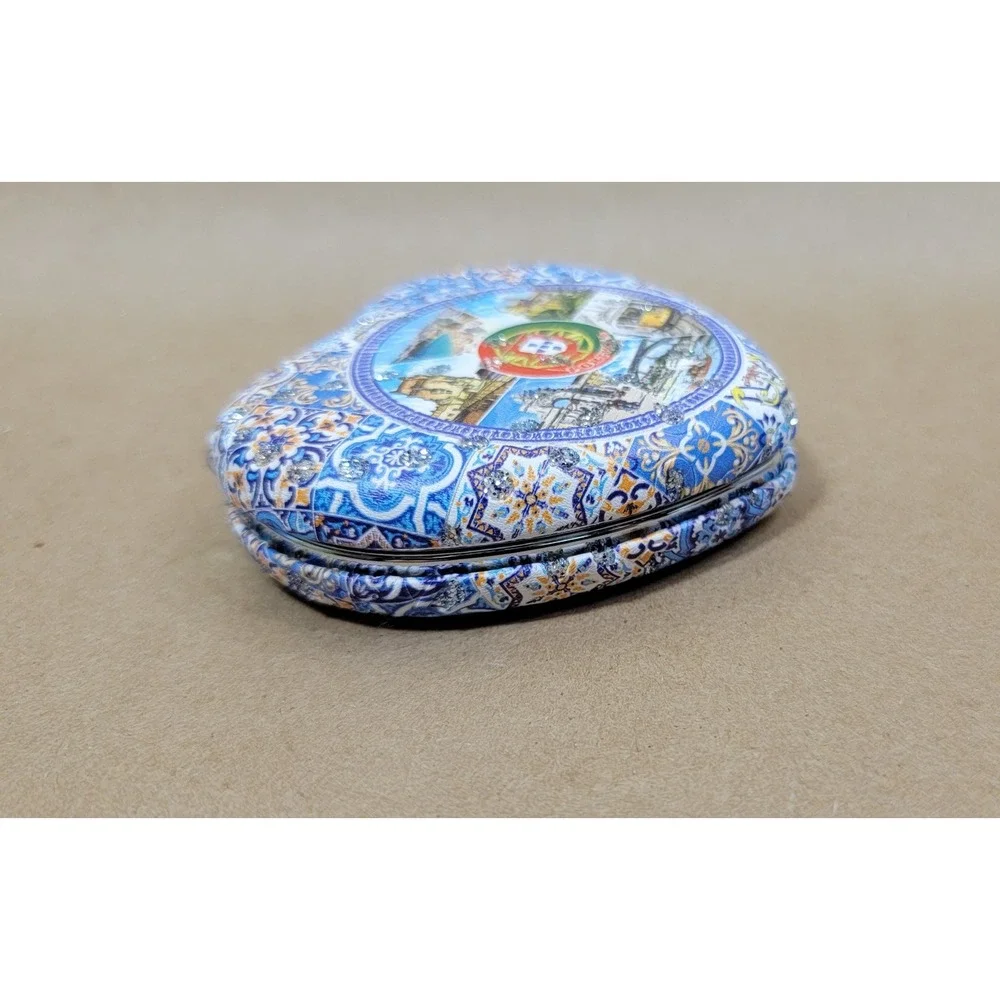 Portugal Souvenir Heart Compact Mirror Azulejo Tile Design Rhinestone Accents
